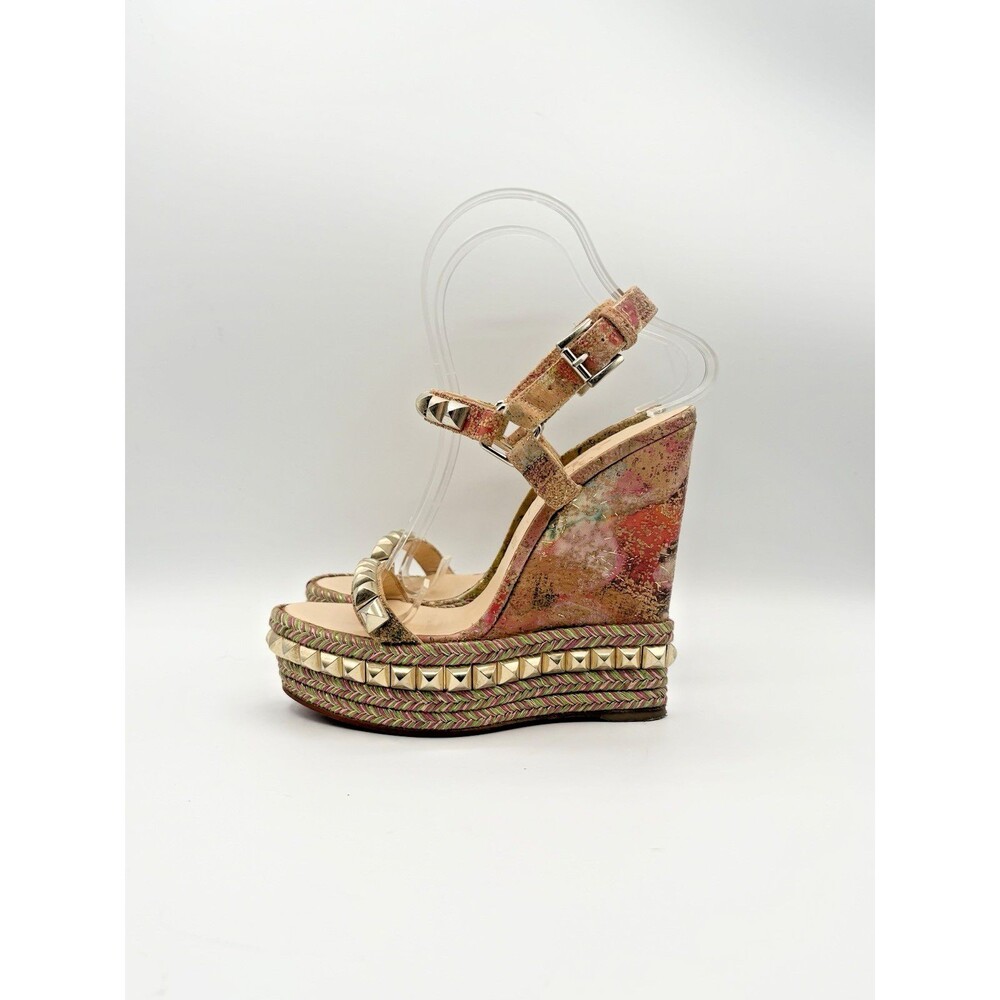 Christian Louboutin Catclou 140 Cork Blooming Pink & Green Wedges Size EU 35